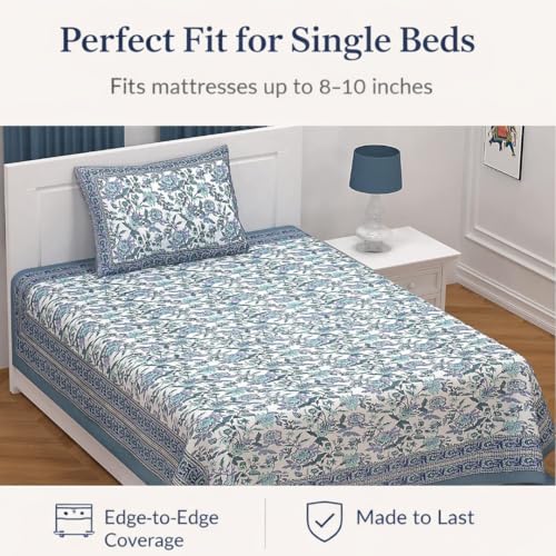 Image of elanorhomes 100% Cotton 240 TC Single Bedsheet for Single Bed, 60 x 90 inch Cotton Bed Sheet with 1 Pillow Cover, Soft Breathable Floral Printed Bedsheet for Bedroom (Azure Bloom)