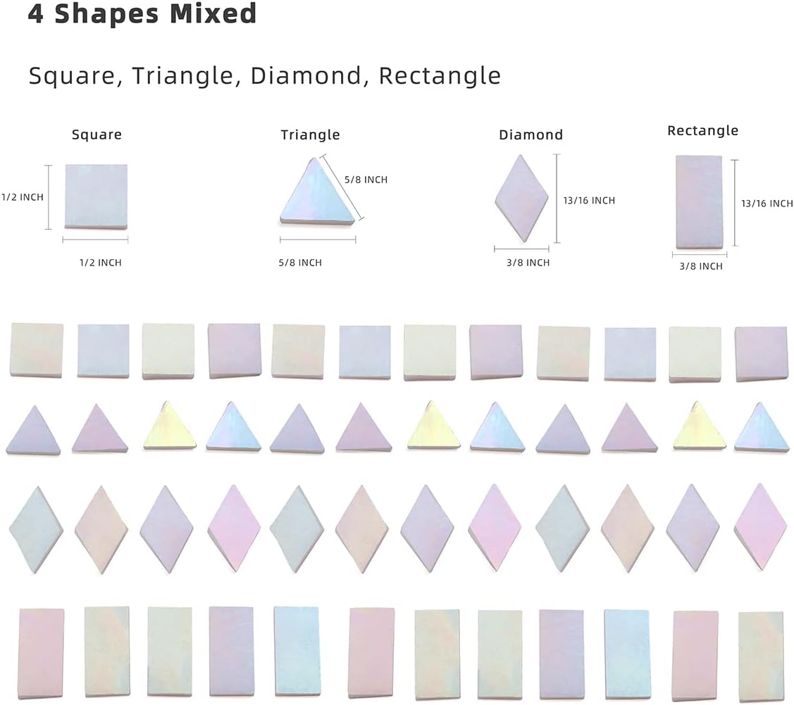 Glass Mosaic Tiles for Art Crafts,4 Shapes Mixed Tiffany Stained Glass Pieces,200 Pieces,Square/Rectangle/Diamond/Triangle,Iridescent White