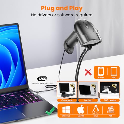 Image of HIROBOT USB Wired 2D /1D Barcode Scanner with Stand, Handheld Barcode Reader Compatible with QR Code & Barcode, Button Scan /Induction and Continuous Automatic Scan, with BIS & 1 Year Warranty