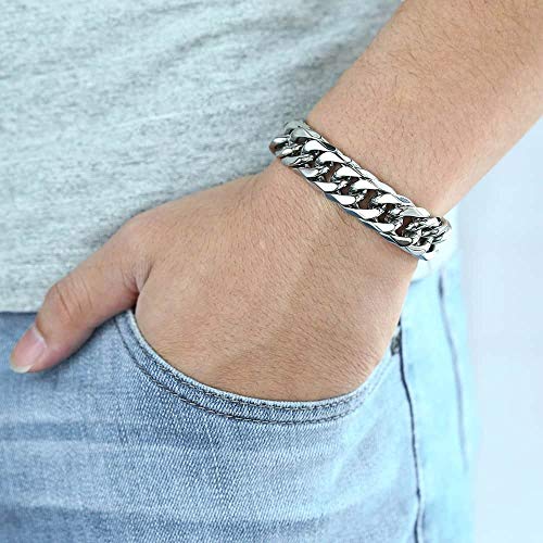 Hermah Heavy Mens Bracelet Chain 316L Stainless Steel Silver Punk Double Curb Cuban Rombo Link 15Mm 8Inch #TOP2