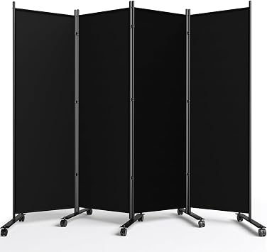 WELDUN 4 Panel Room Divider 183CM Folding Privacy Screens with Lockable Wheels, Room Partition for Room Separator, Freestanding Portable Fabric Wall Dividers, Black, WxH 223.5x183 cm