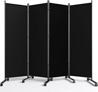 WELDUN Raumteiler mit Rädern 4 teilig 223,5 cm x 183 cm Paravent Trennwand, Klappbar Sichtschutz Raumtrenner beweglich, Schwarz