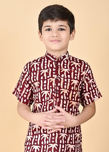 Image of Kids Traditional Pure Cotton Batik Printed Kurta & Dhoti Pant Set, Short Sleeve, White Bottom, Ethnic Wear