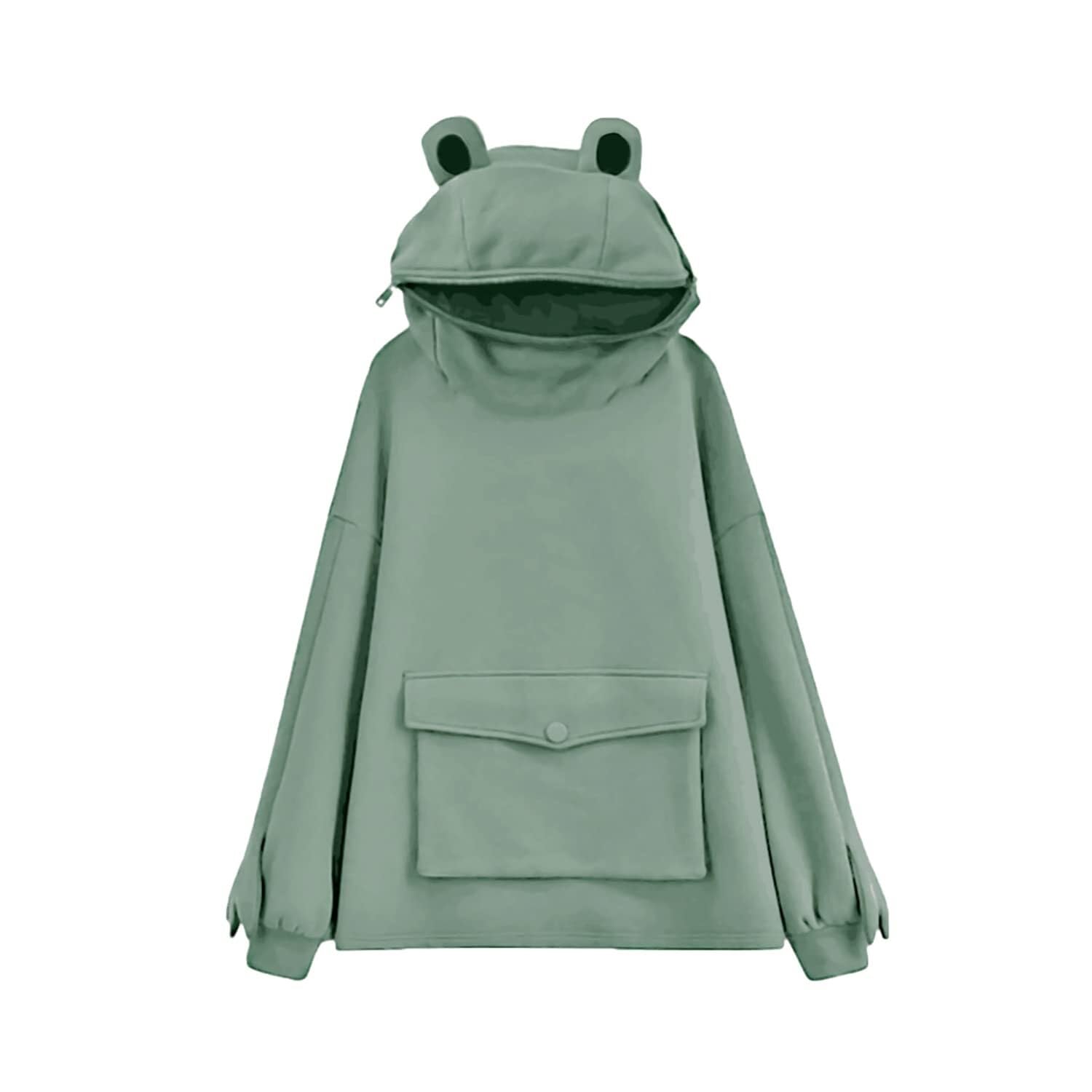 Lockenstab Frog Hoodie Sweatshirt With Zipper Mouth For Women & Teen Girls, Cute Frog Design, Comfortable Pullover, Casual Casual Wear, Fun & Trendy Hoodie(Green,X-Small)