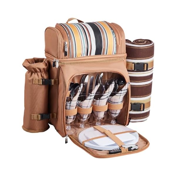 VEVOR Picnic Backpack, Beach Picnic Backpack Bag for 4 Person with Insulated Cooler Compartment, Detachable Bottle/Wine Holder, Lightweight Blanket, Plates and Cutlery Set for Hiking & Camping, Brown