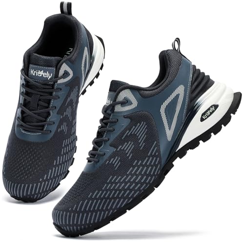 Kricely Men's Trail Running Shoes Non Slip for Hiking Trekking Cross Training Tennis Shoes Breathable Fashion Sneakers Lightweight Workout Footwear Outdoor Gym Jogging Navy Blue Size 9.5