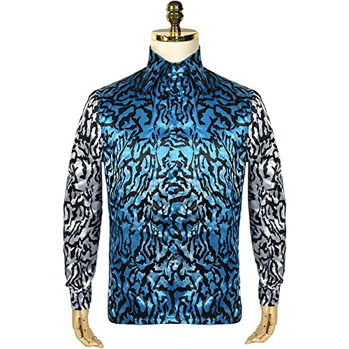 Camisa exótica de lentejuelas azul de manga larga con diseño de rey tigre para cosplay impactante