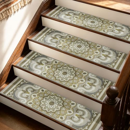 JSEI Stair Treads for Wooden Steps, 15 Pack 8" X 30" Non-Slip Machine Washable Carpet Stair Treads with TPE Backing, Indoor Stair Rug Runner for Kids Elders & Pets, Polyester, Sage Ivory/Ant