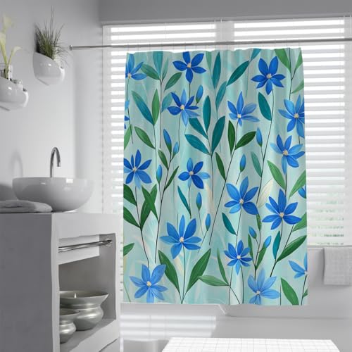 Cortina de Ducha botánica Naturaleza Flores Azules y Verdes Cortinas de Tela Bohemia Acuarela Decoración de baño Lavable Impermeable 120 x 200 cm