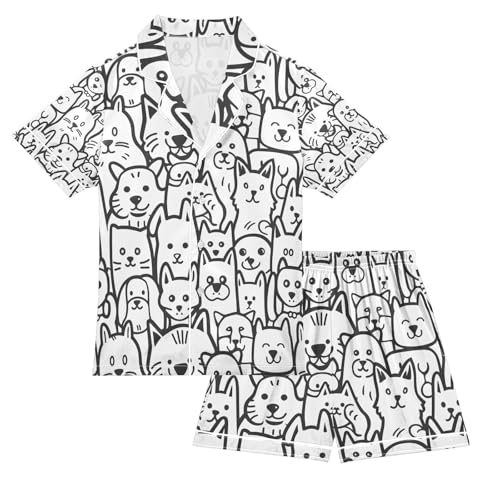 senya Cat Line A Satin Summer Pajama Sets Silk Short Sleeve Button Down Sleepwear