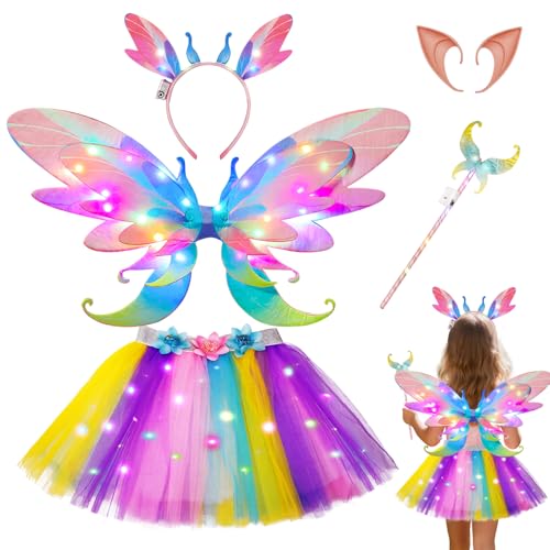 JUNUNDJING Leuchtende Feen Kostüm Kinder, Feenkostüm Einhorn Kostüm Mädchen LED Feenflügel Schmetterlingsflügel Kinder, mit LED Tutu Haarreif Zauberstab Elfenohren, für Halloween Karneval, Elfenrosa