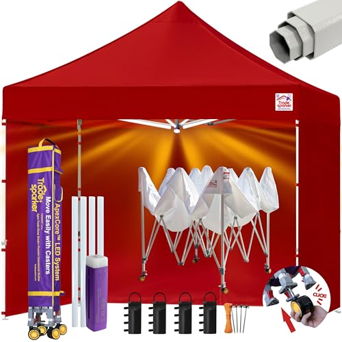 Image of Tradesparker 10x10 Pop Up Tent with Sidewalls,Commercial Movable Canopy ApexCore LED & Rugged Casters-Instant Easy Setup Shelter Canopies,Weight Bags&Stakes for Outdoor Events(Red)