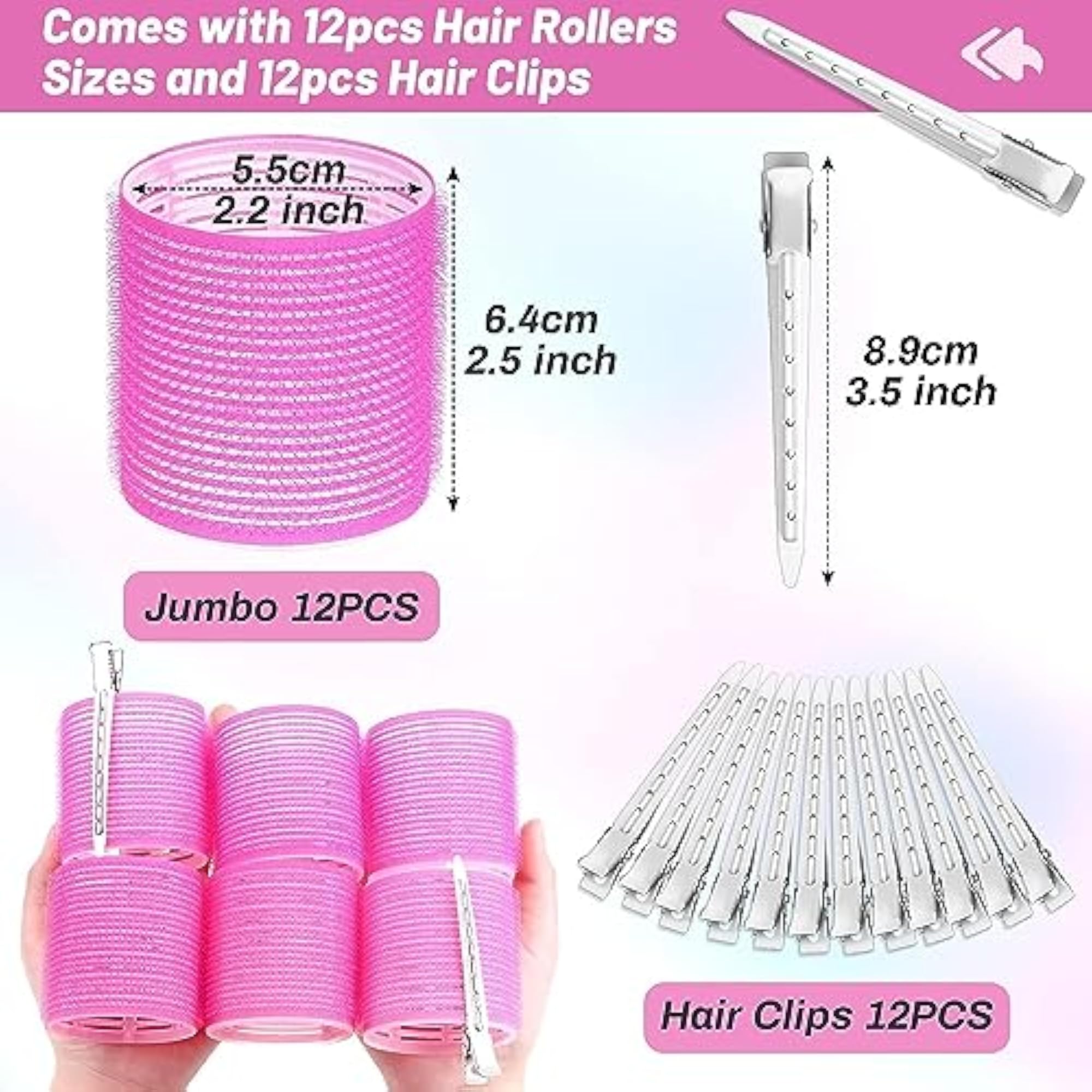 6Pcs Jumbo Hair Rollers Set with Stainless Steel Clips