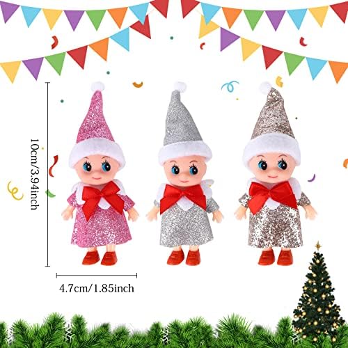 3Pcs Christmas Elf Doll Baby Elf on the Shelf Baby Elf Doll Christmas Baby Tiny Christmas Elf for Girl and Boy Baby Doll Novelty Toys Xmas New Year Gift Stocking Stuffers (Gold Silver Pink)