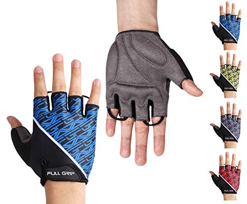 FULL GRIP Halbfinger Fahrradhandschuhe für Männer & Frauen mit stoßdämpfender, Rutschfester und widerstandsfähiger Handinnenfläche für den Radsport inkl. gratis Trainings E-Book (Blau, M)
