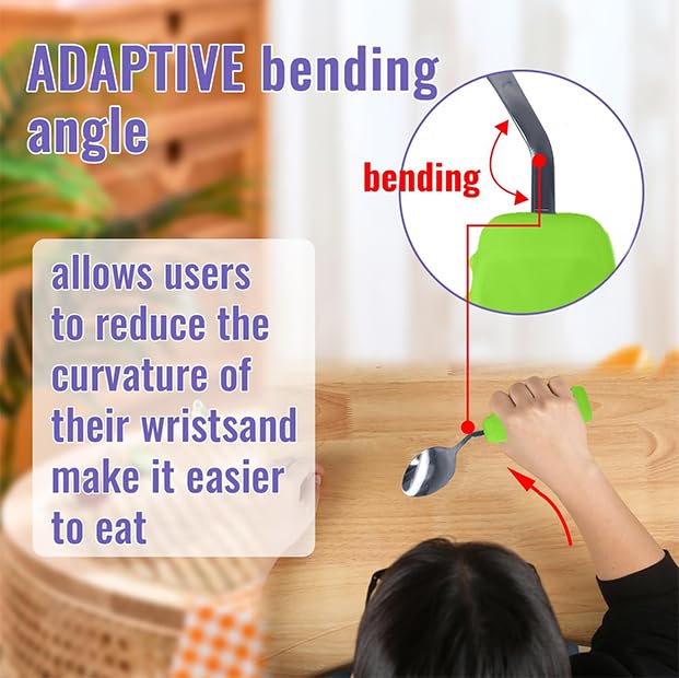 Image of Adaptive Utensils Angled Spoon and Fork for Hand Tremors Parkinsons,Weighted Utensils with Non-Slip Easy Grip Handles for Independent Eating (1pcs Spoon+1pcs Fork=2 pcs,Green,Right Hand)