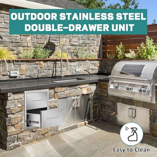 Image of Outdoor Kitchen Drawers 14 inch W x 15 inch H x 23 inch D Stainless Steel Drawer BBQ Double Drawers with Chrome Handle for Outdoor Kitchen Island, Patio Grill Station