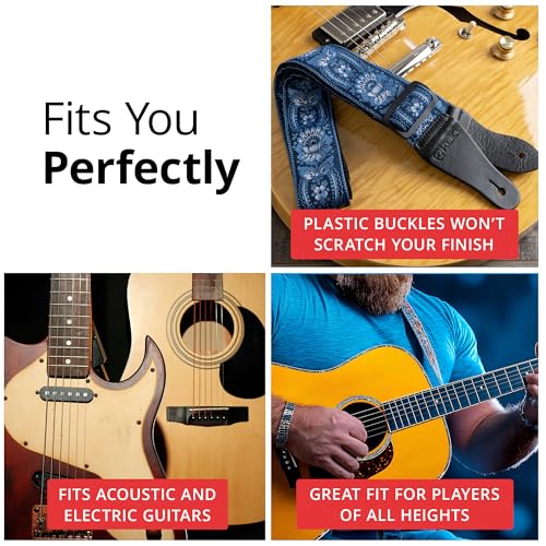 KLIQ Vintage Woven Guitar Strap for Acoustic and Electric Guitar | 2 Rubber Strap Locks Included (Classic-Hendrix Blue), Navy Blue and Blue Sun Flower, Regular - Thumbnail 6