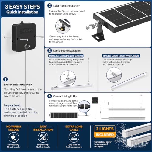 Solar Shed Shop Light with Pull Cord, 1500LM, Warm White Dual LED Bars by Etetale - Used condition - Image 7