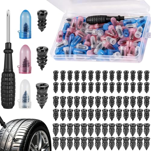 Itharon Kit de kit Antipinchazos Coche, Repara Pinchazos Coche Kit con 3 Tamaños de Tapones de Reparación, Herramientas y Maletín de Almacenamiento, Camioneta y Moto – Set de Emergencia 84PCS