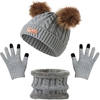 Hat Scarf Gloves Set Kids, Winter Toddler Scarf Double Pom Pom Hat and Glove, Warm Knitted Beanie Cap Neck Warmer Accessories Sets for Boys Girls (Grey)