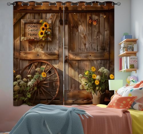 Rustic Barn Door Blackout Curtains for Girls Boys Kids Home Decor, Sunflower Wooden Wheel Farmhouse Grommet Thermal Insulated Drapes Darkening Window Curtain for Bedroom Living Room, 42 x 45 Inch