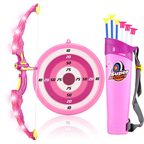 MagicWe Bow and Arrow Toy Set for Kids Archery Bow Comes with 6 Suction Cups Arrows Target with LED Flash Lights Indoor Outdoor Toys Garden Practice Hunting Series Boys Girls Age 3 Years and Up