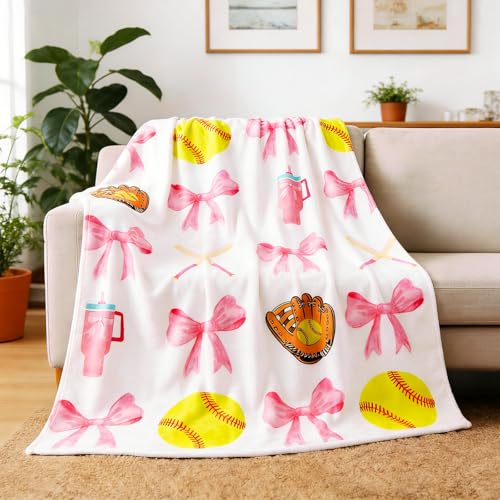 Ailefentene Pink Softball Bow Blanket 50x60 Inch Pink Coquette Bow Flannel Throw Blanket Team Gifts for Girls Women Cozy Fleece Sports Blanket for Couch Bed Game Day Team Coach Senior Night