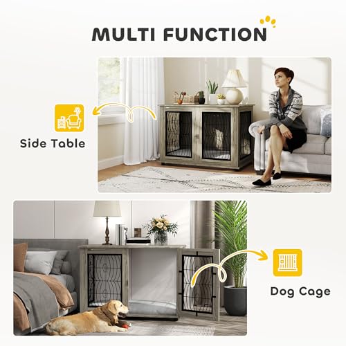 PawHut Dog Crate Furniture, Dog Cage with Soft Washable Cushion, Furniture-Style Pet Kennel Indoor House End Side Table for Small Medium Large XL Breeds, 118 x 75 x 82 cm, Grey - Image 5
