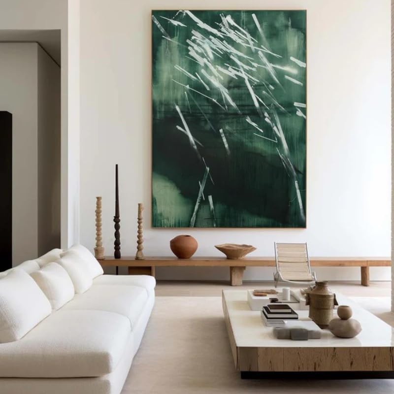 Tableau abstrait minimaliste vert pour habiller un grand mur vide de salon moderne