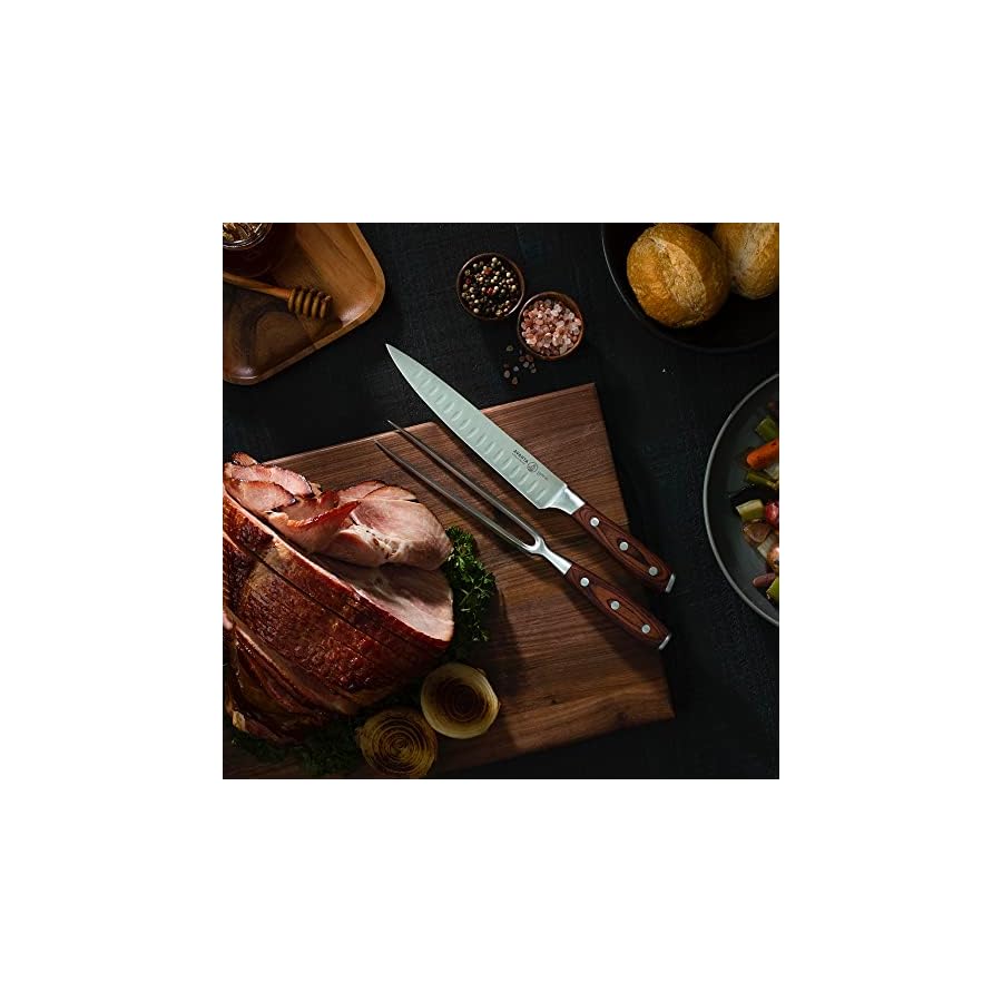 Messermeister Avanta Kullenschliff Carving Set - Includes 8” Carving & Slicing Knife + 7” Fork - German X50 Stainless Steel - Rust Resistant & Easy to Maintain