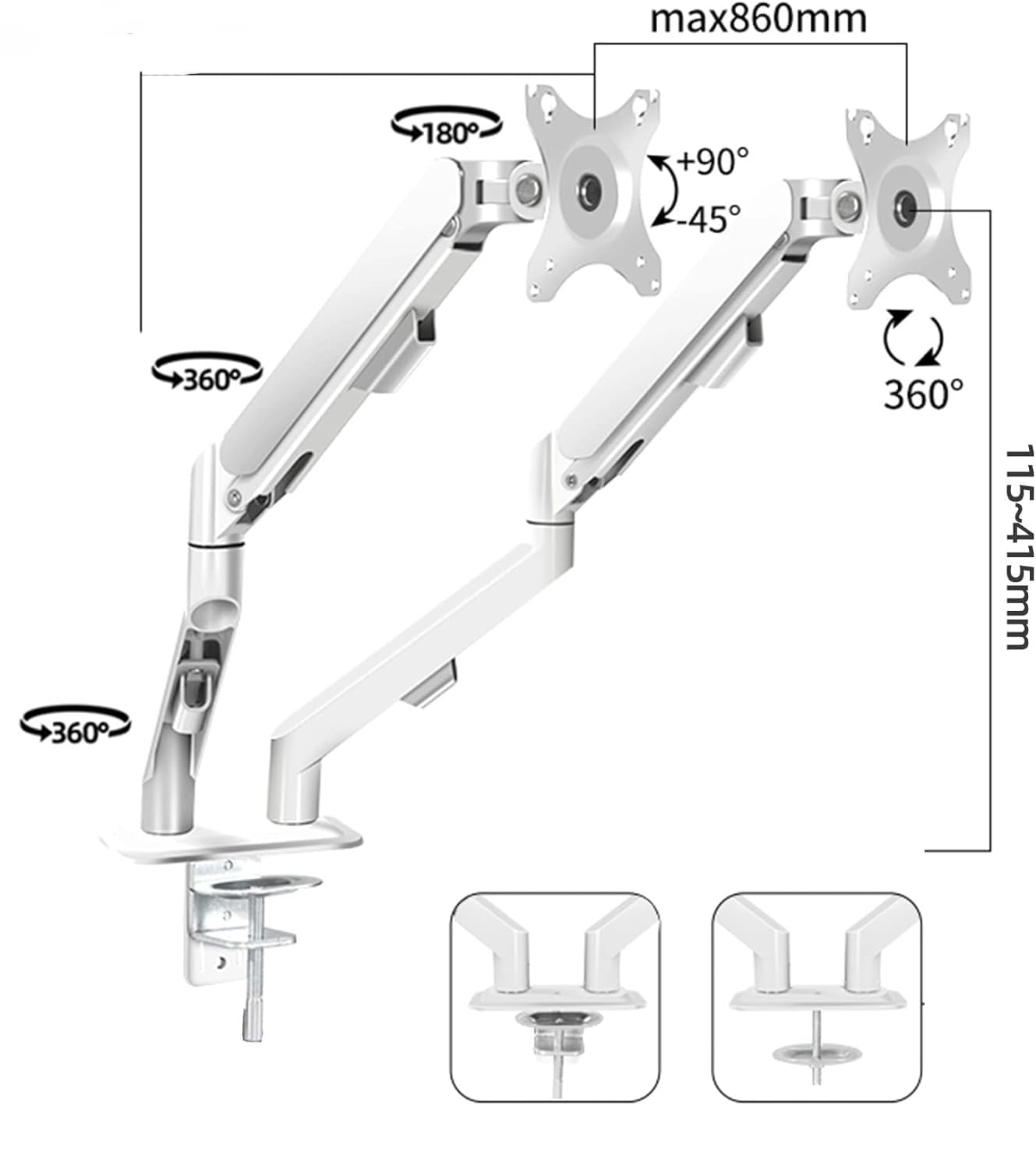 Supporto per monitor doppio braccio regolabile, 17-30 pollici, VESA 75x75/100x100, bianco