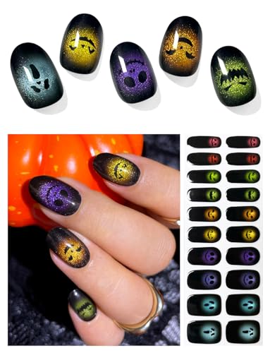 AutyaMee Semi Cured Gel Nail Strips (Ghost Face Cat Eye) Halloween 20 Pcs Gel Nail Wraps Stickers UV Light Required Salon Quality