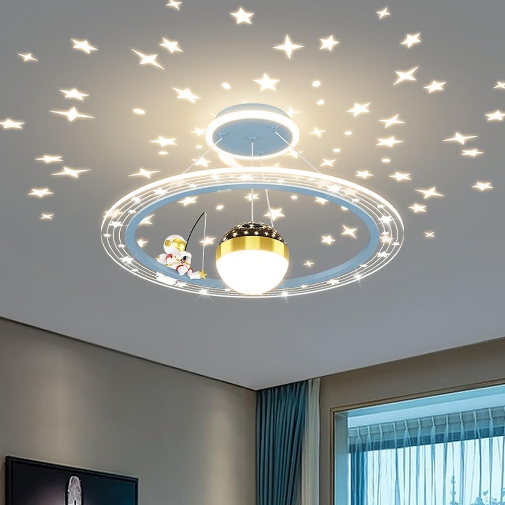 Kids Room Astronaut LED Ceiling Light with Projector Stars Dimmable Round Modern Chandelier Pendant Light Boys Bedroom Ceiling Light for Girls Boys Room Nursery Children, Pink White Blue (Blue)