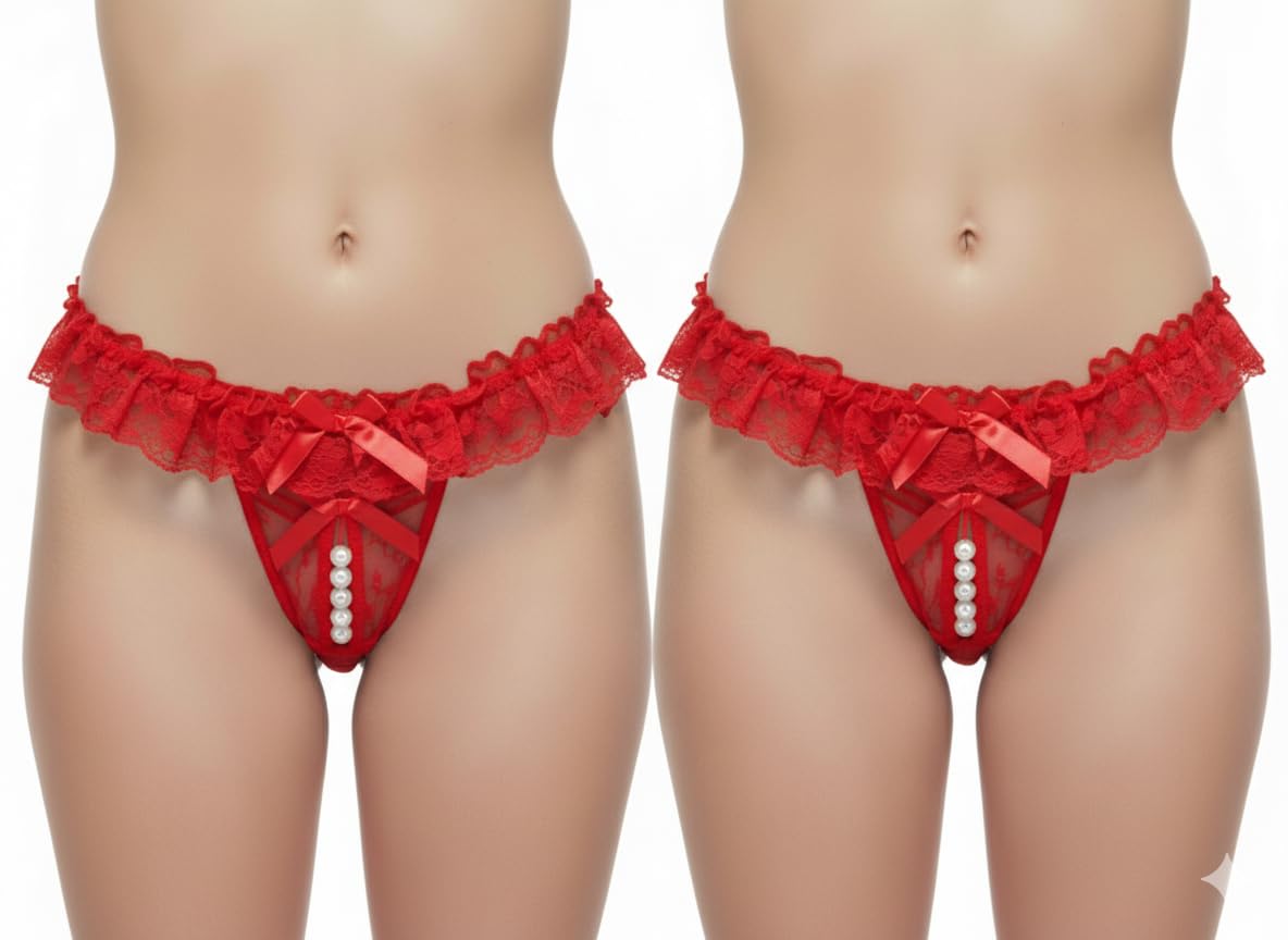 Ladies Hipster Combo Lace Pearl Thong Underwear Set, 2-Pack, Ruffled Design with Satin Bow Detail, Cotton Bikini Panty Lace G-String-picture-39