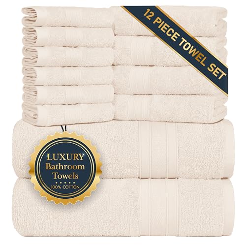 TRIDENT 12 Piece Bath Towels Set 100% Cotton 2 Large Bath Towel, 4 Hand Towel, 6 Wash Cloth Soft and Plush Luxury Bathroom Towel Quick Dry, Super Soft Hotel Quality Shower Towels - Linen