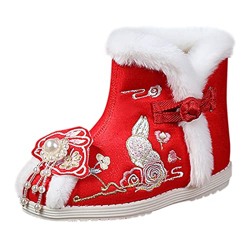 Toddler Ethnic Style Cotton Boots for Gilrs Cloth Shoes Warm Winter Snow Boots Neoprene Kids Boots Winter (Red, 9-9.5 Years Big Kids)