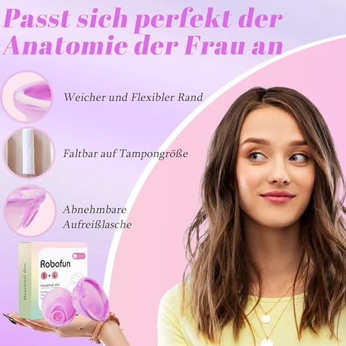Robofun Wiederverwendbare Menstruationsscheibe Set, 2 Periodenscheibe (S+L), bis zu 12 Stunden, Menstruationsscheibe für leichte oder starke Regelblutung, Sicher bei Sport und Schwimmen - Lila&Rosa