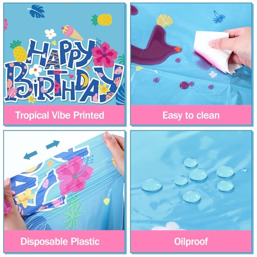 Image of Oudain 5 Pcs Cartoon Birthday Party Disposable Tablecloth Decoration Hawaiian Hibiscus Tropical Leaves Pattern Table Cloths 108'' x 54'' Luau Plastic Waterproof Rectangular Covers for Party (Blue)