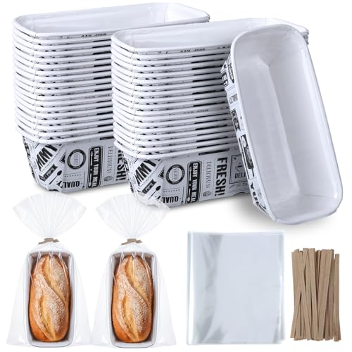 Yiyiring 50 Sets Paper Loaf Pans for Baking 6.3 x 2.2 x 2.2 Inch Disposable Paper Baking Pans with Clear Plastic Bags and Kraft Ties Rectangle Cake Mold for Bread Sweets Tea Party (Black Newspaper)