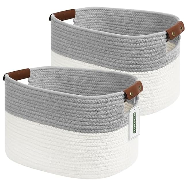 Cotton Rope Basket , Storage Baskets with Handle, 15x10x9 Inch Woven Basket for Shelves, Laundry, Towels, Clothes, Books, Toys (Black 1Pack)