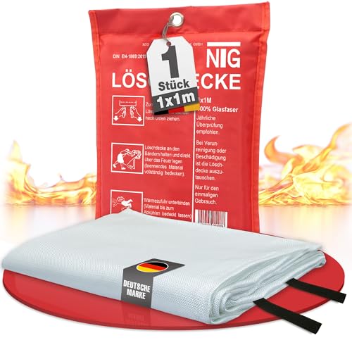 NTG Feuerlöschdecke Löschdecke 1x1m für Küche & Zuhause DIN EN 1869:2019 Zertifiziert Feuerdecke für Notfälle inklusive Fettbrand Brandschutzdecke hinterlässt Keine Rückstände (1x1m 1er Set)