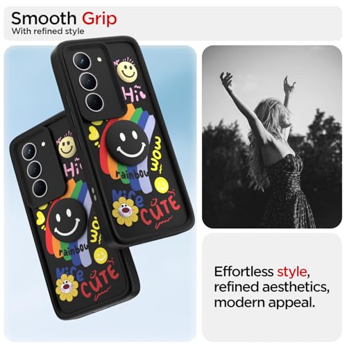 Image of Pikkme Back Cover for Realme Narzo 80x 5G / Realme P3x 5G / Realme 14X 5G | Soft Silicone| Cute Rainbow Smile & 3D Cartoon Flower Design | Shockproof Raised Camera Protection Bumper Case (Black)