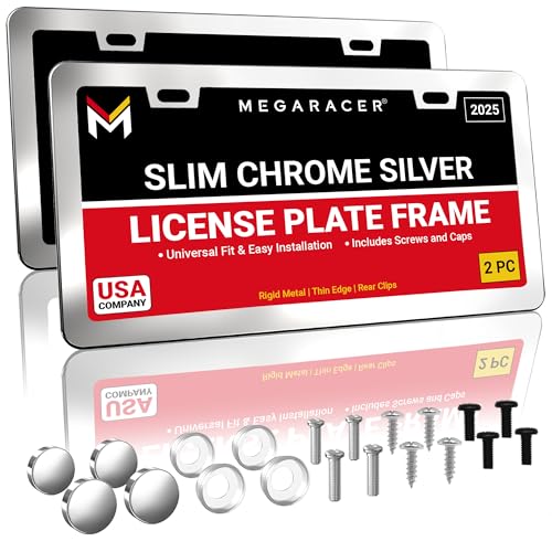 Premium Slim Chrome Silver License Plate Frames – 2 Pack, Rust-Free Stainless Steel, Rattle-Free & Street Legal Universal Fit with Screw Caps, Thin Metal Front & Rear Car Tag Holders - For Men & Women