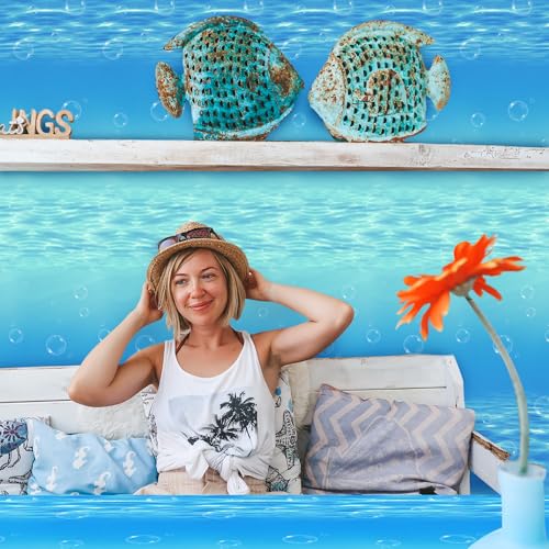 Image of Kochorie 54 Inch x 200 Ft Ocean Waves Plastic Tablecloth Roll in Slide Cutter Box Under the Sea Table Cover Blue Water Print Backdrop Bulletin Board Plastic Roll for Beach Pool Birthday Party Decor