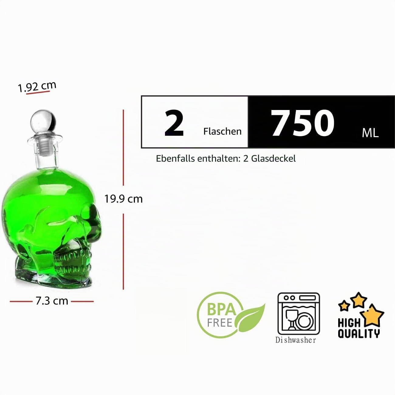 2 Leere Glasflaschen 750ml Glasflasche Totenkopf Made IN Germany Flasche Pirat Skull Glasschädel 0,75 Liter l Glas-Schädel Likörflaschen Whisky Karaffe Schnapsflasche (2 x 750 ml)