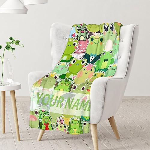 Personalized Frog Blanket Gifts with Name - 50x60 Inches Cute Throw for Girls & Boys - Colorful Soft Fuzzy Blankets for Bed, Couch & Living Room