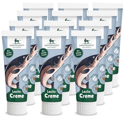 Knuffelwuff Tuben Snack Hunde Leckerlis Lachscreme 12er Pack - mit extra viel frischem Fisch - ohne Konservierungsmittel, ohne Zusatz von Zucker und Getreide - Ideal auch für Welpen - Made in Germany