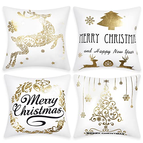 Bronzing Christmas Pillow Cover, Elk Christmas Tree Throw Pillow Case, Merry Christmas Throw Pillow Case, Cushion Cover Square Pillowcase Decoration Christmas Sofa Bed Chair Car