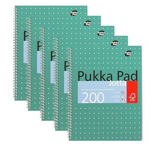 Pukka Pad, A4 Metallic Jotta Book 5 Pack – 21 x 30cm – Wirebound Notebook with 8mm Lines and 80GSM Paper – Features 4-Hole Punch Margins and Perforated Edges - 200 Pages, Green